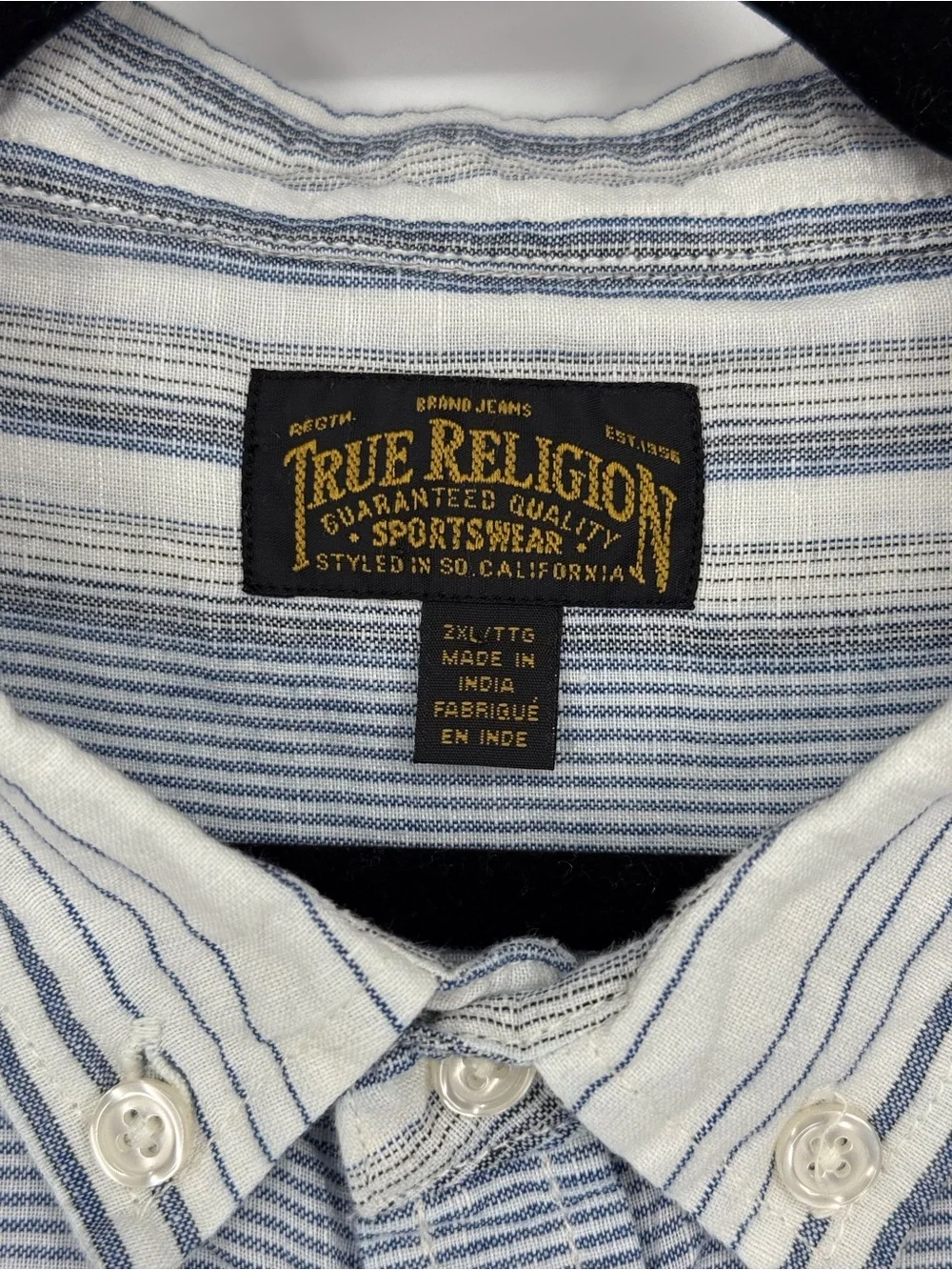 True Religion Linen Cotton Striped Button‎ Up Shirt XXL Coastal Beach Nautical